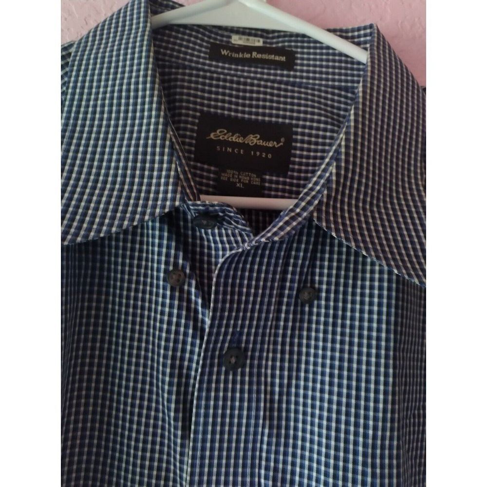 Eddie Bauer Wrinkle Resistant Blue Checkered Button-Down Dress‎ Shirt XL